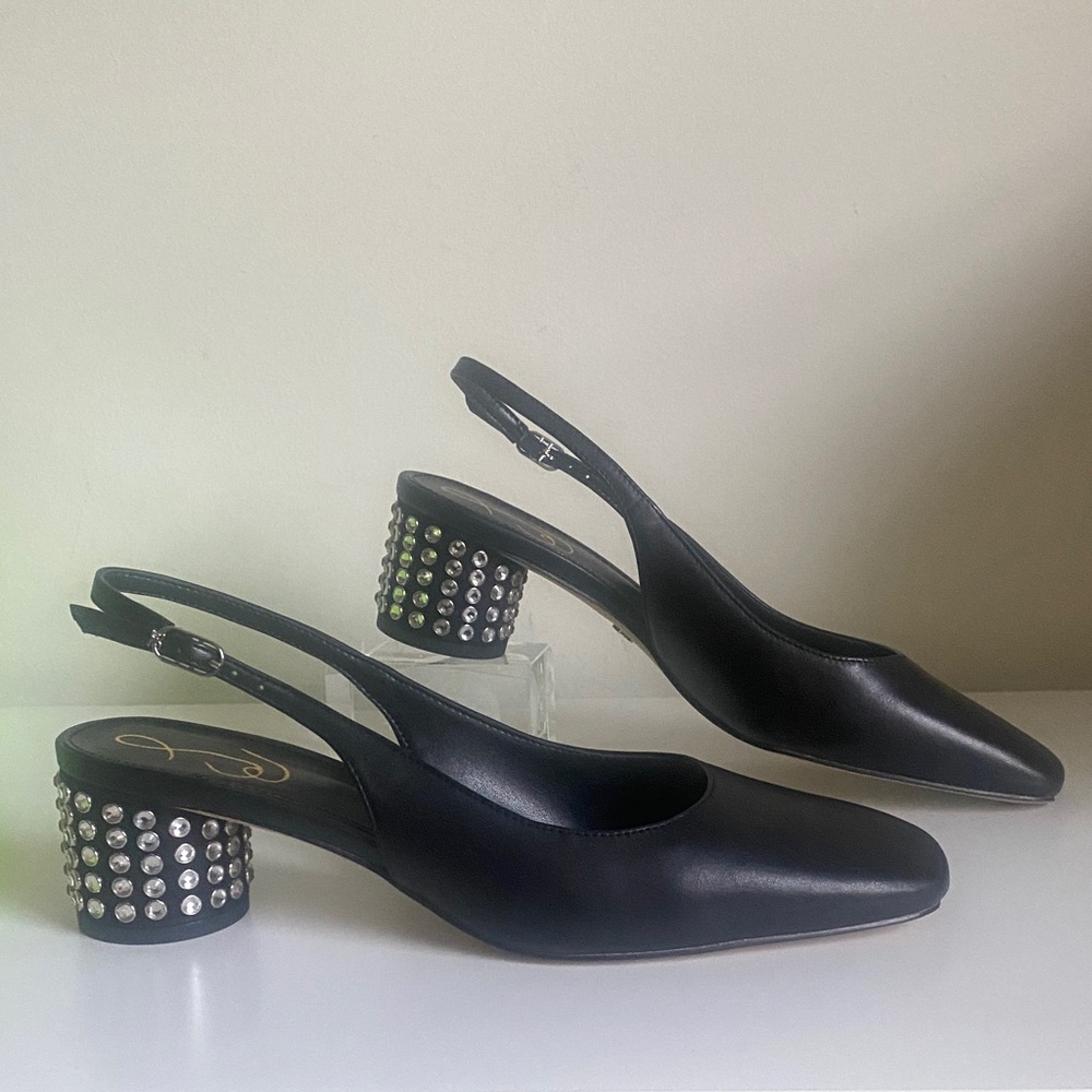 Sam Edelman Terra Gem Blk Leather Slingback Size 7 NWT Round Heel w/ Rhinestones